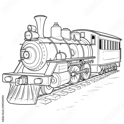Line Drawing Locomotive Train Silhouette, Line Art Old Fashion Train Silhouette