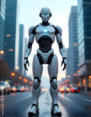 Portrait of a robot standing in the middle of road