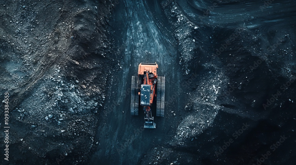 From above, a drone captures the captivating sight of an excavator diligently at work against a dark backdrop. From above, a drone captures the captivating sight of an excavator diligently at work against a dark backdrop.