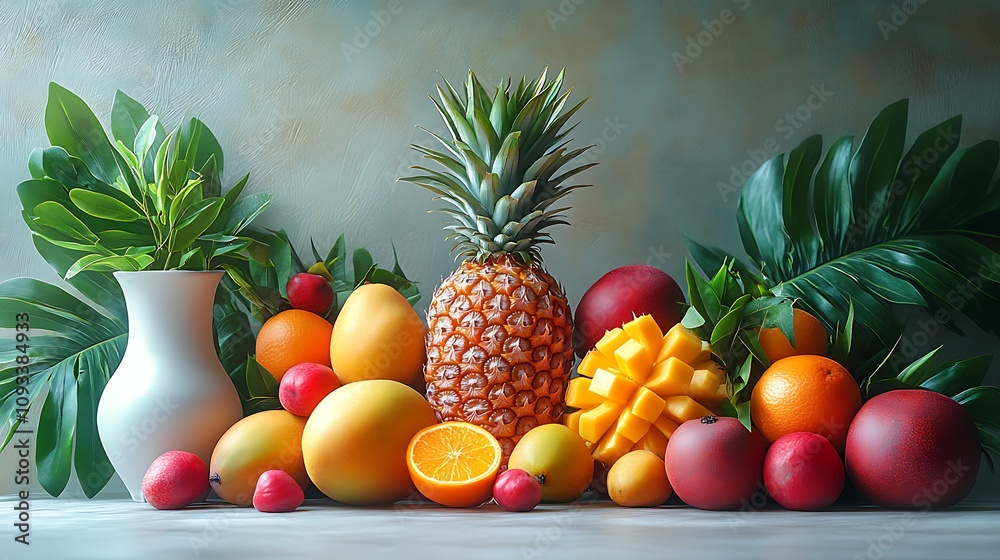 A still life arrangement of fresh, ripe mangoes, oranges, pineapple and leaves on a white table. A still life arrangement of fresh, ripe mangoes, oranges, pineapple and leaves on a white table.