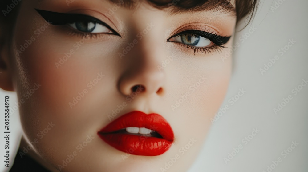 Close-up Portrait of a Woman with Red Lipstick and Bold Eyeliner Close-up Portrait of a Woman with Red Lipstick and Bold Eyeliner