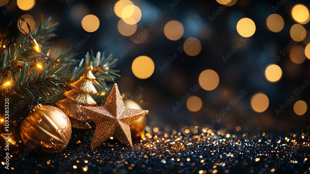 Golden Christmas and New Year glittering stars swirl on a black bokeh background. A backdrop with sparkling golden stars, holiday garland, magic glowing dust, Golden Christmas and New Year glittering stars swirl on a black bokeh background. A backdrop with sparkling golden stars, holiday garland, magic glowing dust,