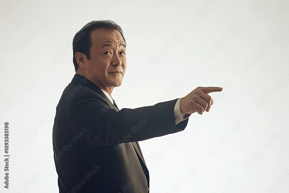 Asian businessman pointing side in white background with generative ai