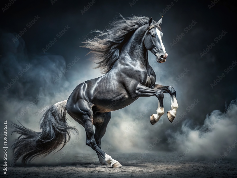 Rearing horse frozen in time, a stark black and white image. Rearing horse frozen in time, a stark black and white image.