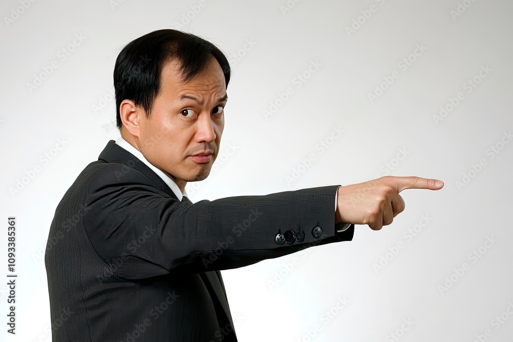 Asian businessman pointing side in white background with generative ai Asian businessman pointing side in white background with generative ai