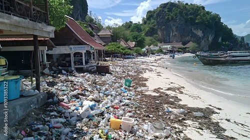 A beach littered with trash, highlighting the environmental impact of such events. 