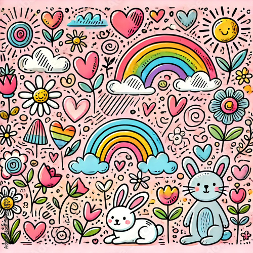 a vibrant and whimsical vector illustration featuring playful hand-drawn scribble elements like flowers, hearts, a rainbow, and cute animals in a children's doodle sketch style. 