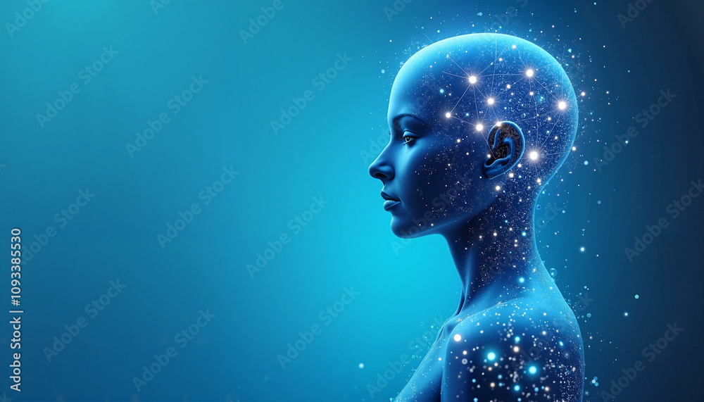 Digital futuristic human profile with neural connections on blue Digital futuristic human profile with neural connections on blue
