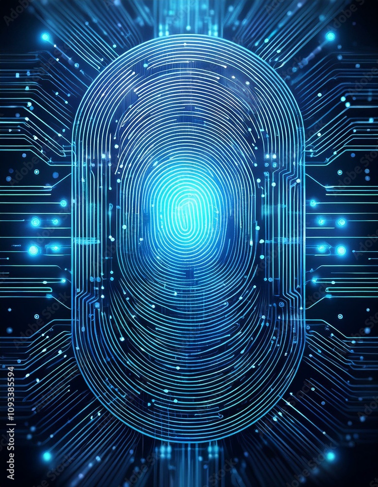 Digital Fingerprint on Circuit Board. Abstract blue glowing lines represent biometric security. Digital Fingerprint on Circuit Board. Abstract blue glowing lines represent biometric security.