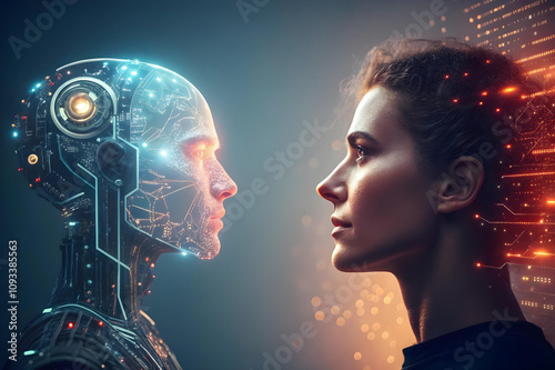 A split-frame image symbolizing the dual nature of AI, with one half depicting a glowing futuristic robot head made of circuits and the other a vibrant human face  photo