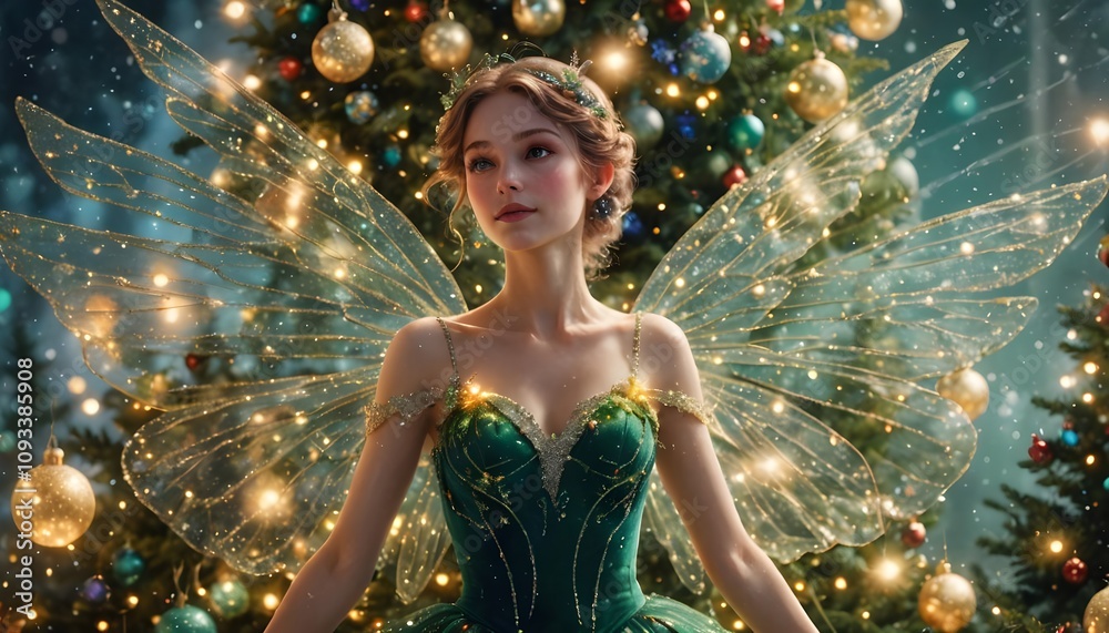 Christmas fairy in front of a tree covered in baubles Christmas fairy in front of a tree covered in baubles