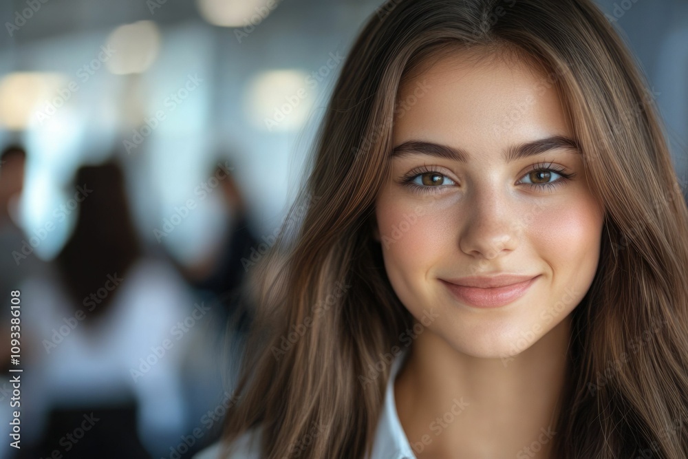 Close-up headshot Confident European young woman, good looking teenager, middle aged leader, businesswoman, CEO on blurred office background. Beautiful young European businesswoman smiles at thecamera