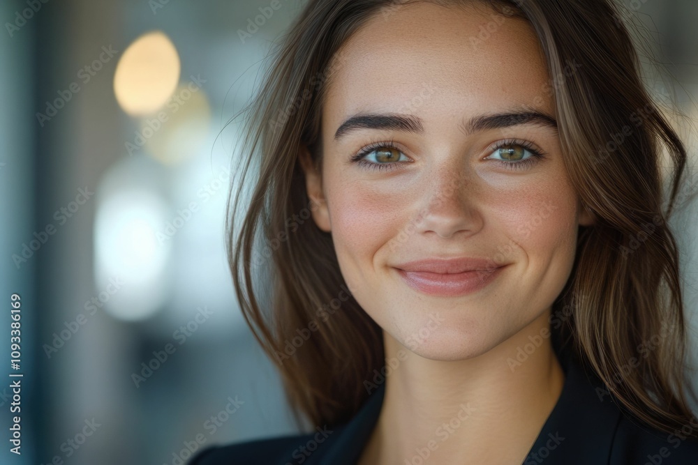 Close-up headshot Confident European young woman, good looking teenager, middle aged leader, businesswoman, CEO on blurred office background. Beautiful young European businesswoman smiles at thecamera Close-up headshot Confident European young woman, good looking teenager, middle aged leader, businesswoman, CEO on blurred office background. Beautiful young European businesswoman smiles at thecamera