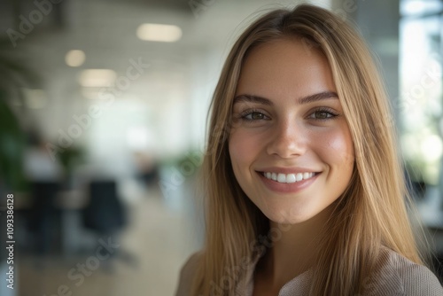 Wallpaper Mural Close-up headshot Confident European young woman, good looking teenager, middle aged leader, businesswoman, CEO on blurred office background. Beautiful young European businesswoman smiles at thecamera Torontodigital.ca