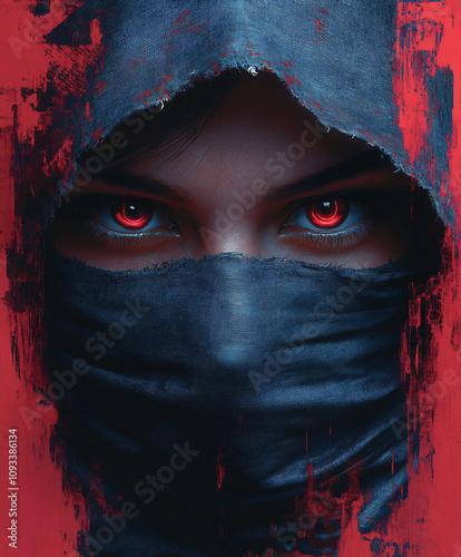 A mysterious woman with piercing red eyes stares out from a dark hooded garment, her face partially obscured by a mask, against a dark, abstract background. photo