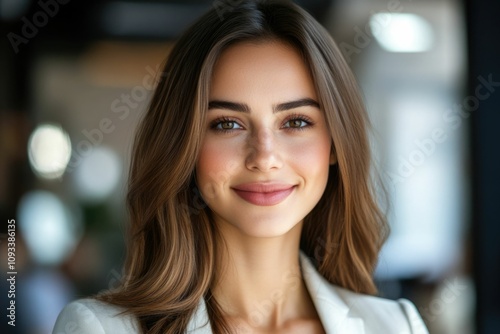 Wallpaper Mural Close-up headshot Confident European young woman, good looking teenager, middle aged leader, businesswoman, CEO on blurred office background. Beautiful young European businesswoman smiles at thecamera Torontodigital.ca