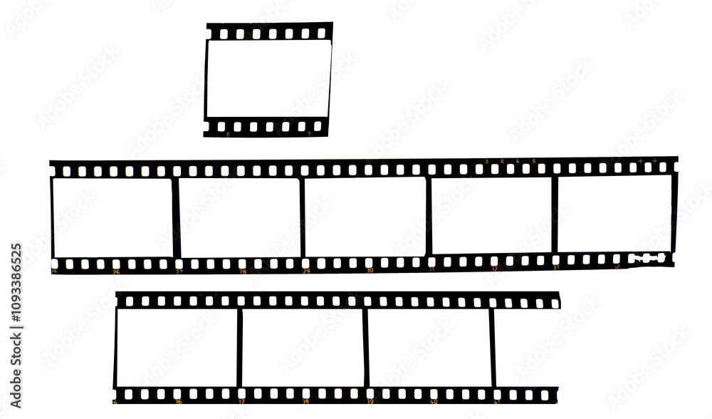 Obraz premium vintage 35 mm format camera film strip,empty frames for pictures,flat lay. Comeback of analog film photography concept, isolated transparent background.free copy space
