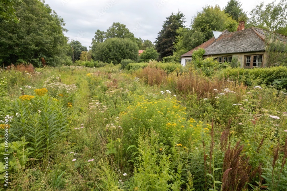 Overgrown garden with weeds and wildflowers in shades of green and brown, foliage, earthy, natural, weeds, garden Overgrown garden with weeds and wildflowers in shades of green and brown, foliage, earthy, natural, weeds, garden