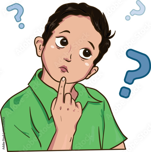 Curious and confuse boy with a question mark