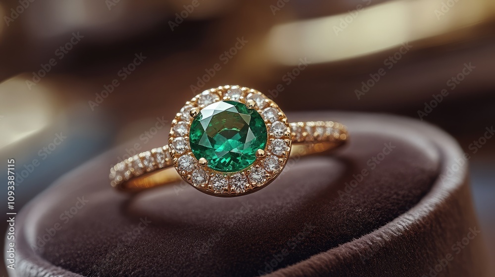 Fototapeta premium A stunning gold ring featuring a central emerald surrounded by sparkling diamonds.