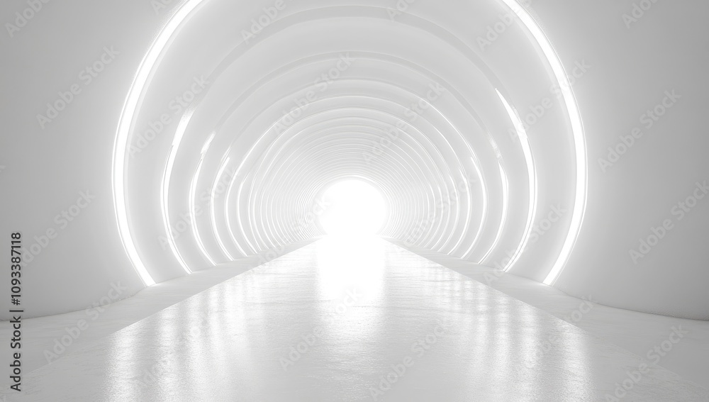 Abstract White Futuristic Tunnel with Glowing Lights and Bright Light at End of Corridor Abstract White Futuristic Tunnel with Glowing Lights and Bright Light at End of Corridor