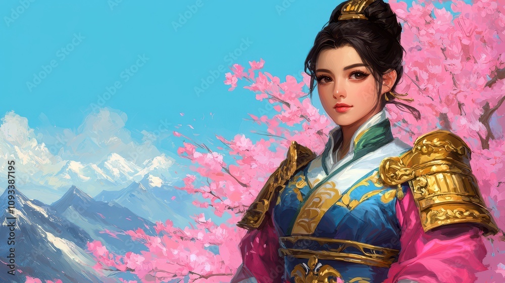 Fototapeta premium Warrior woman under cherry blossoms mountain landscape digital art fantasy vibrant colors