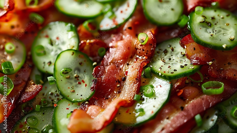 A detail fired of a freshly made bacon and cucumber lunch A detail fired of a freshly made bacon and cucumber lunch