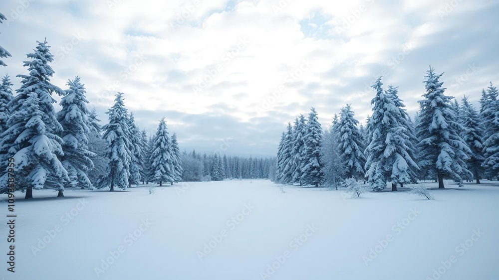 Serene winter landscape with snow-covered trees and a vast open sky, sky, frost Serene winter landscape with snow-covered trees and a vast open sky, sky, frost