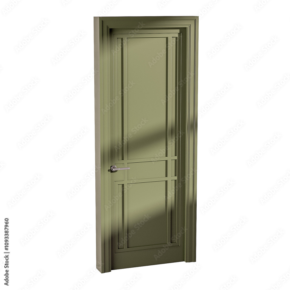 A green door with a silver handle and a silver knob A green door with a silver handle and a silver knob