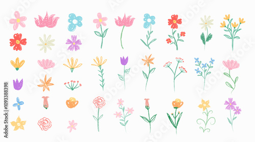 Flower Crayon fun cute kid colorful doodle set badge, scribble line pencil, charcoal background. Hand drawn doodle sketch childish element set. Floral flowers element childlike