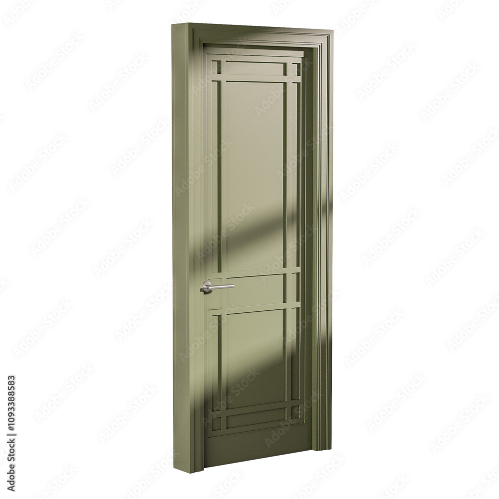 A green door with a silver handle and a silver knob A green door with a silver handle and a silver knob