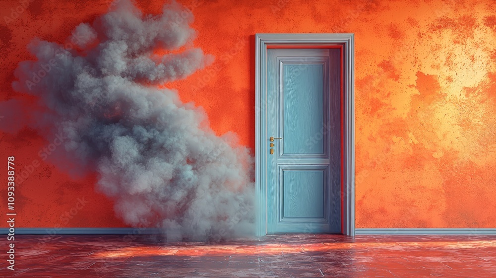 A door in a vibrant orange wall with smoke emerging, creating a mysterious atmosphere. A door in a vibrant orange wall with smoke emerging, creating a mysterious atmosphere.