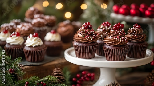 Festive dessert table featuring chocolate cupcakes decorated with toppers and surrounded by holiday props