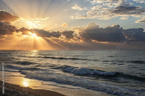 Softly glowing sunbeams dance across the serene ocean waves, oceanic tones, natural light, abstract art, gentle hues photo