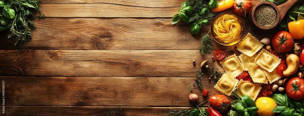 Fresh Ingredients and Pasta Arranged on Rustic Wooden Surface with Vibrant Vegetables, Herbs, and Spices Ready for Delicious Italian Culinary Preparation Fresh Ingredients and Pasta Arranged on Rustic Wooden Surface with Vibrant Vegetables, Herbs, and Spices Ready for Delicious Italian Culinary Preparation