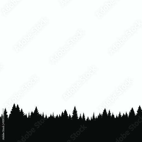 Silhouette of a forest with tall pine trees against a white background