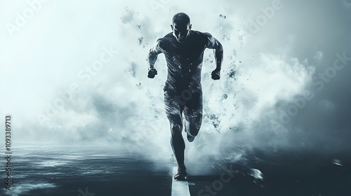 Fototapeta Naklejka Na Ścianę i Meble -  Dynamic athlete sprinting on water surface in ethereal atmosphere sports photography action-packed conceptual art