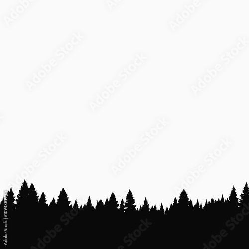 Silhouette of a forest with tall pine trees against a white background