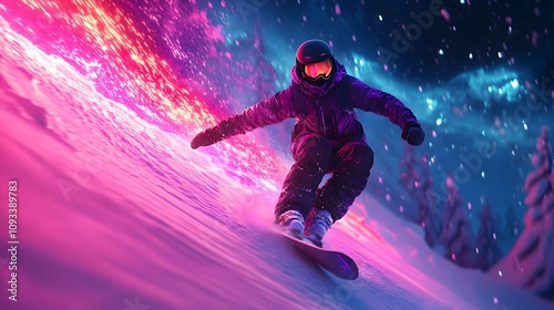 Snowboarder performing tricks in colorful winter wonderland mountain resort action sport photography nighttime dynamic energy