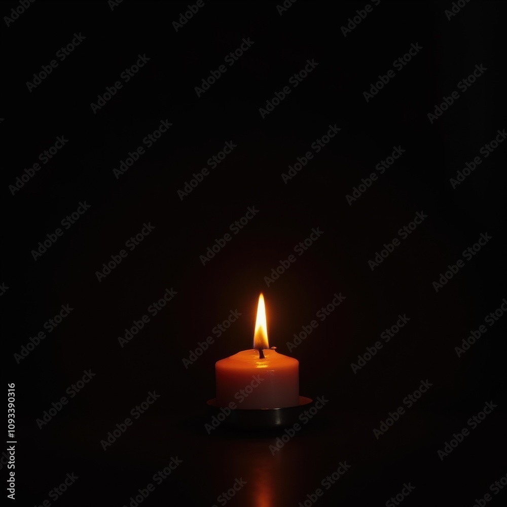 Small Lit Candle with Metal Holder on Dark Background Small Lit Candle with Metal Holder on Dark Background