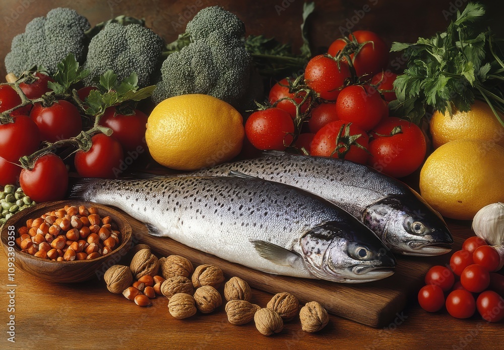 Fresh Ingredients for a Healthy Meal Featuring Salmon, Broccoli, Tomatoes, Lemons, Nuts, and Garlic in an Attractive Arrangement on a Wooden Surface Fresh Ingredients for a Healthy Meal Featuring Salmon, Broccoli, Tomatoes, Lemons, Nuts, and Garlic in an Attractive Arrangement on a Wooden Surface