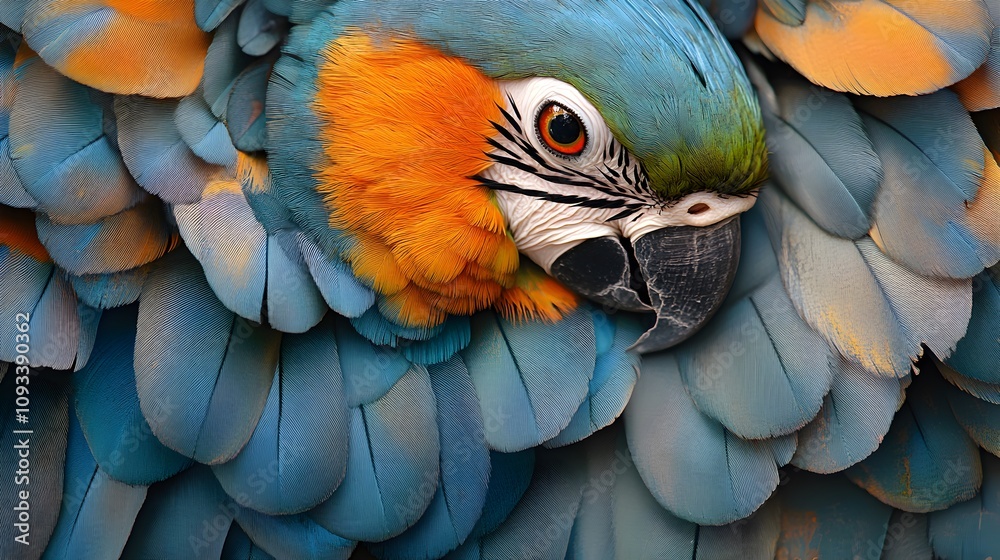 Obraz premium Vibrant parrot close-up tropical environment wildlife photography nature detailed view colorful feathers and patterns