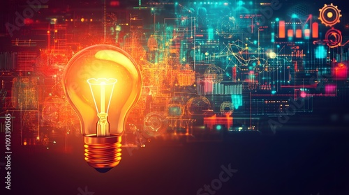 light glowing bulb on abstract color technolgy background photo