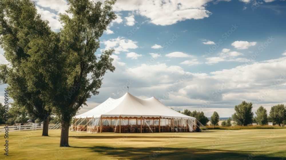 A serene outdoor wedding venue features a large tent among lush greenery under a wide blue sky, radiating peace and celebration. A serene outdoor wedding venue features a large tent among lush greenery under a wide blue sky, radiating peace and celebration.