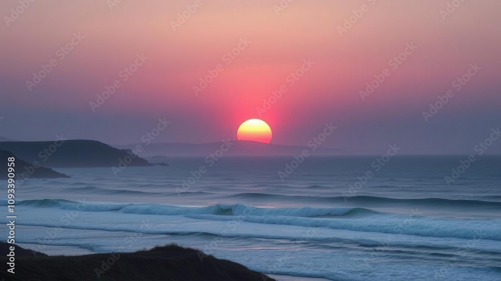 Naklejka premium The sun rises slowly over the rolling hills and waves of the ocean at morning break, natural beauty, soft focus, ocean horizon