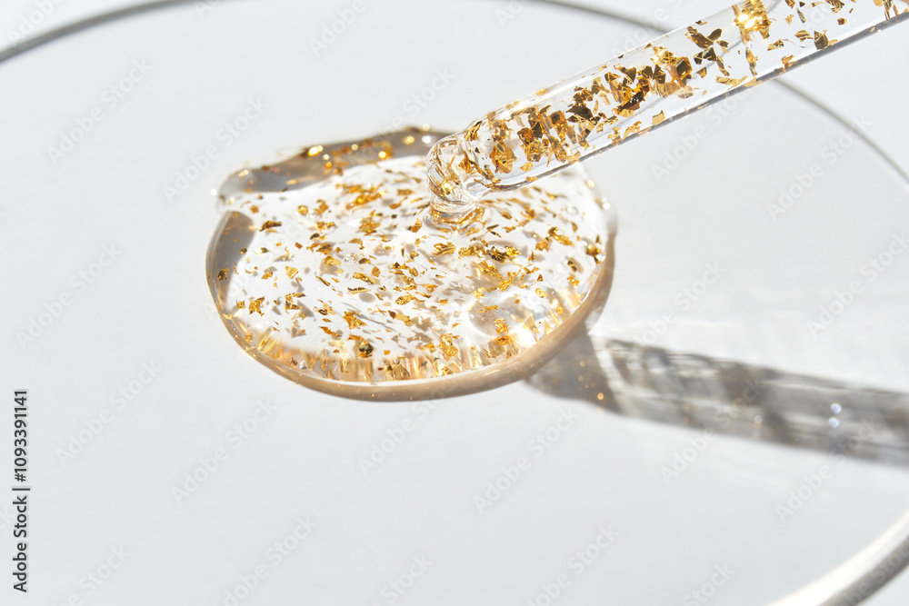 Fototapeta premium Luxurious golden serum droplet in glass pipette on smooth surface with minimalist design and natural light reflections