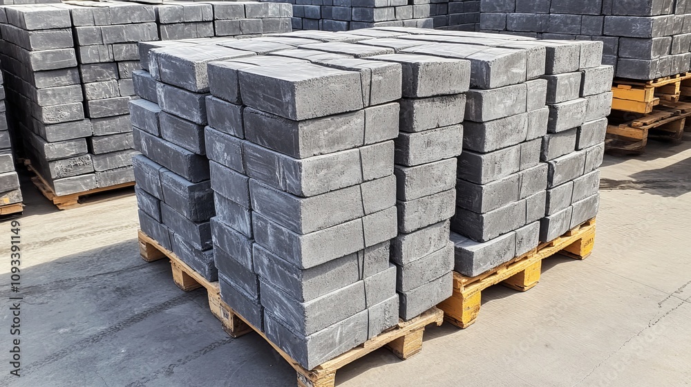 New pallet of gray concrete cinder blocks shaped like uniform bricks. These blocks are ready to be used for construction in Europe. New pallet of gray concrete cinder blocks shaped like uniform bricks. These blocks are ready to be used for construction in Europe.