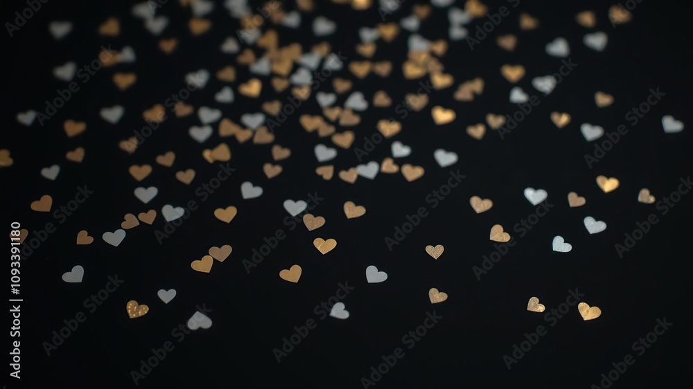 Tiny heart-shaped confetti pieces suspended in mid-air against a black table with subtle silver and gold reflections, surface treatment, air bubbles, shiny Tiny heart-shaped confetti pieces suspended in mid-air against a black table with subtle silver and gold reflections, surface treatment, air bubbles, shiny