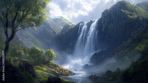 Majestic Waterfall Cascading Down Verdant Mountains Surrounded by Lush Greenery and Tranquil River under Cloudy Skies in a Dreamlike Landscape