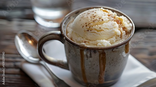 A disk of milk sorbet atop by vivid put or caramel syrup milk ice in an old mug